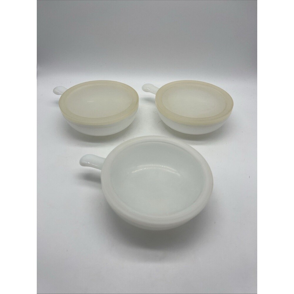 Vintage Glasbake Soup Bowls White Milk Glass Handled Crocks, Set of 3 With Lids